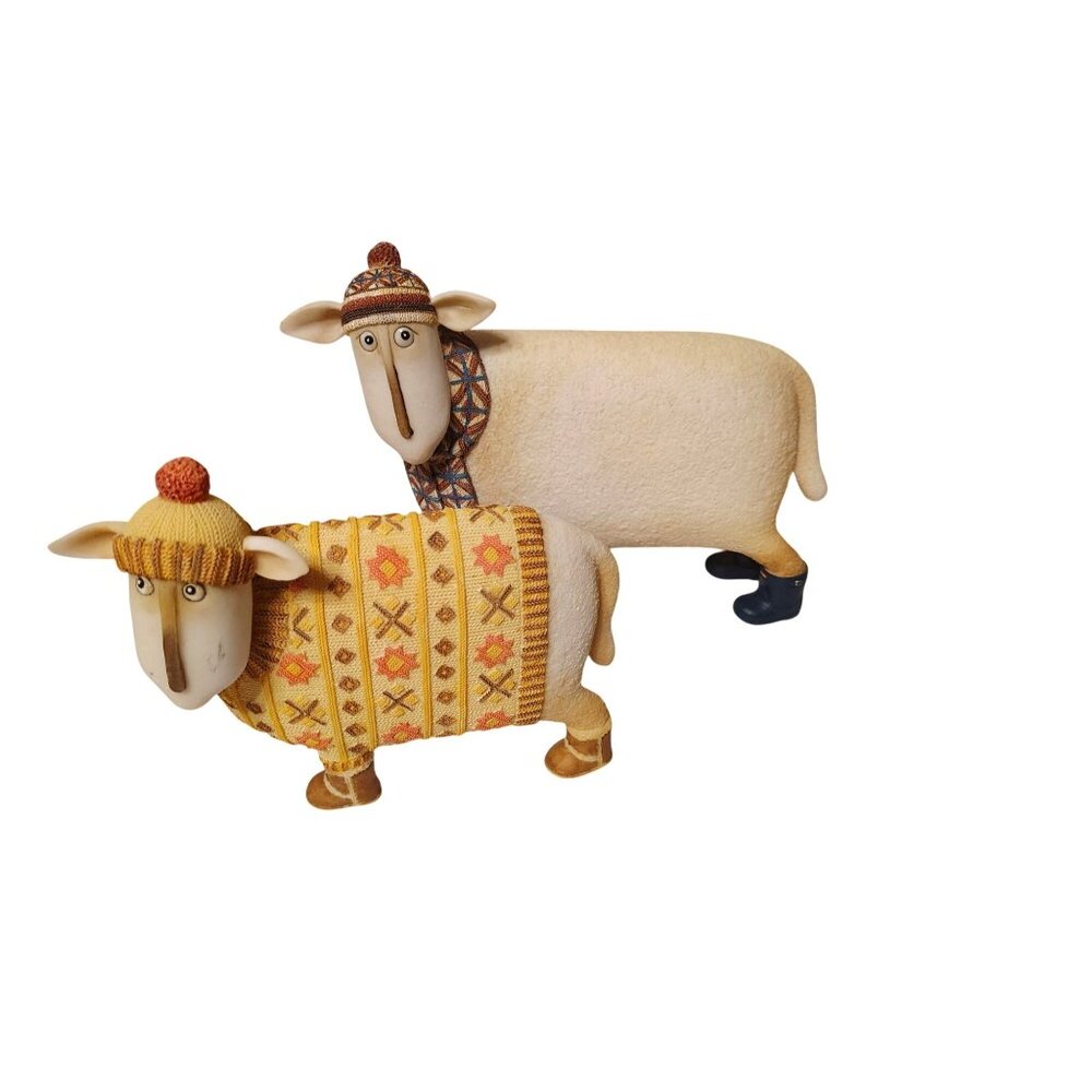 2 Enesco Sheep, Toni Goffe Morag, Jock Figurine Sweater Scarf, Hat, Boots Winter